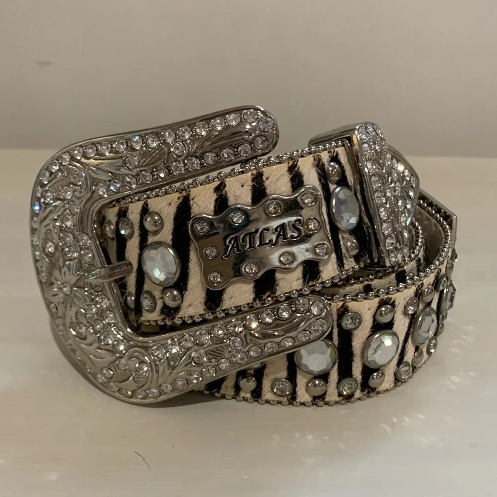 Zebra Leather Cowhide Rhinestone Western Belt Crystal Embellishment